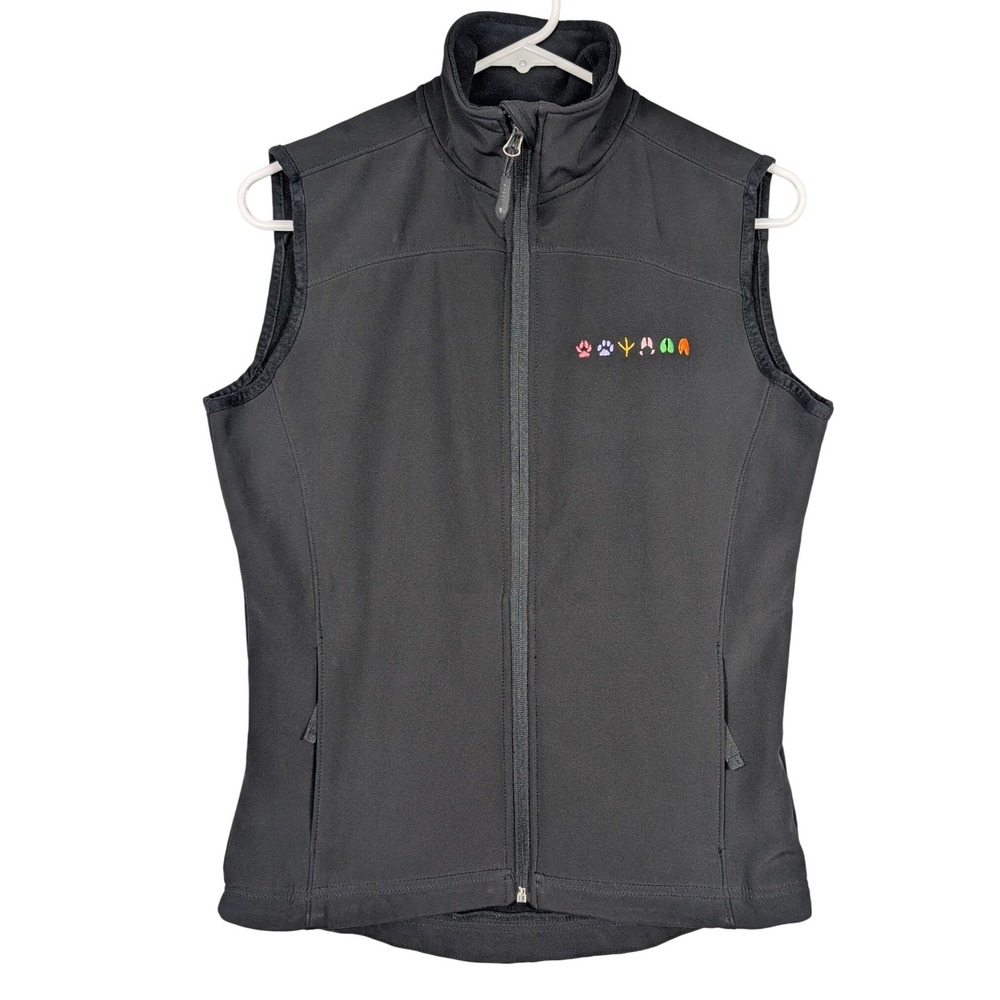 S‎ Fossa Women's Black Full Zip Soft Shell Vest Animal Tracks Embroidery Vet Zoo